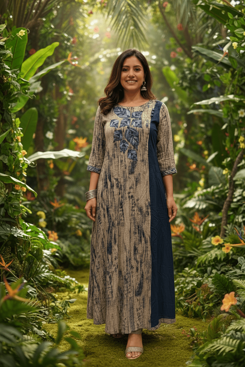 Indigo & Beige Hand - Printed Maxi Dress - GREYS∞UL