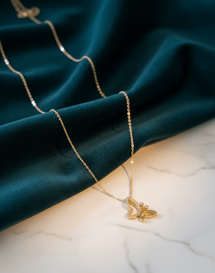 Adjustable Butterfly Pendant Necklace with Faux Diamonds - GREYS∞UL