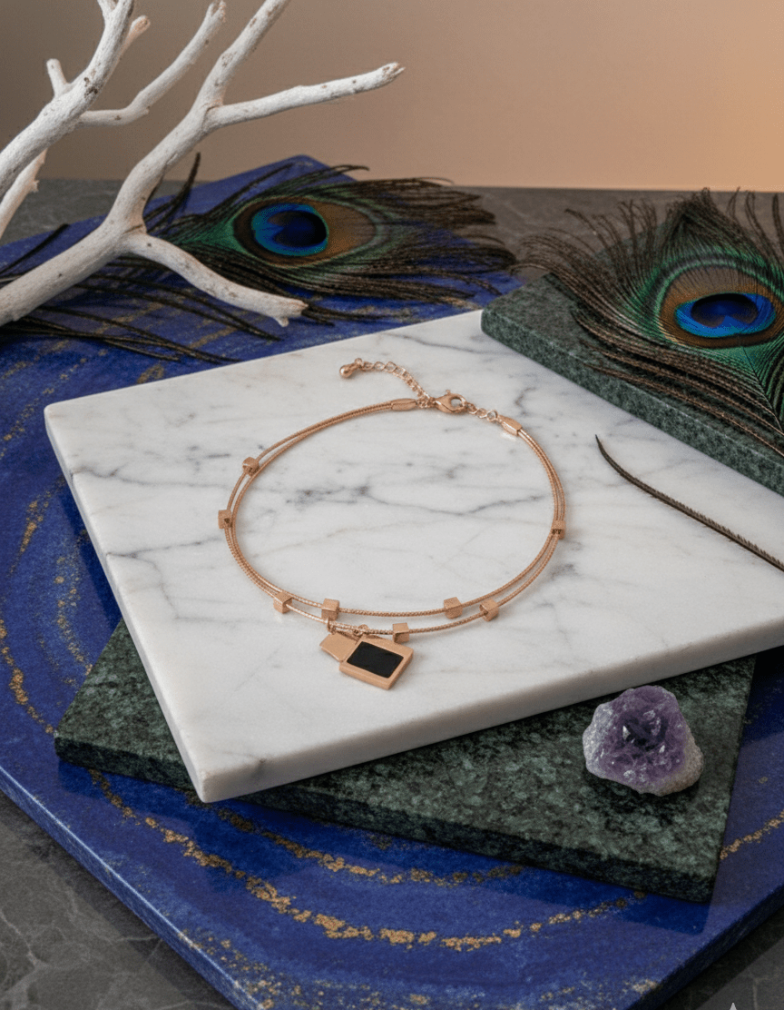 Adjustable Rose Gold Charm Bracelet with Black Pendant - GREYS∞UL