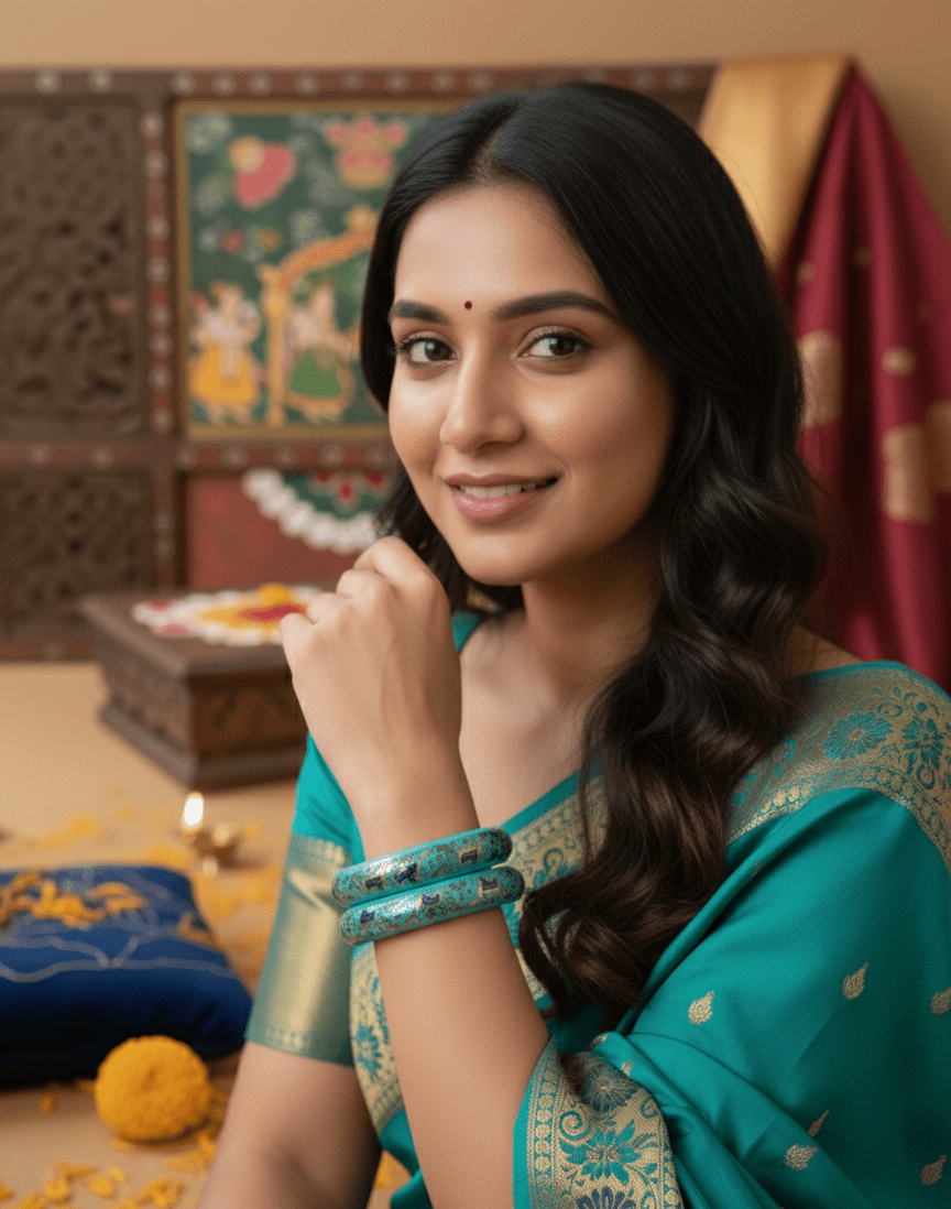 Teal Jaipuri Lakh Bangle Set with Gold Finish Artwork - GREYS∞UL