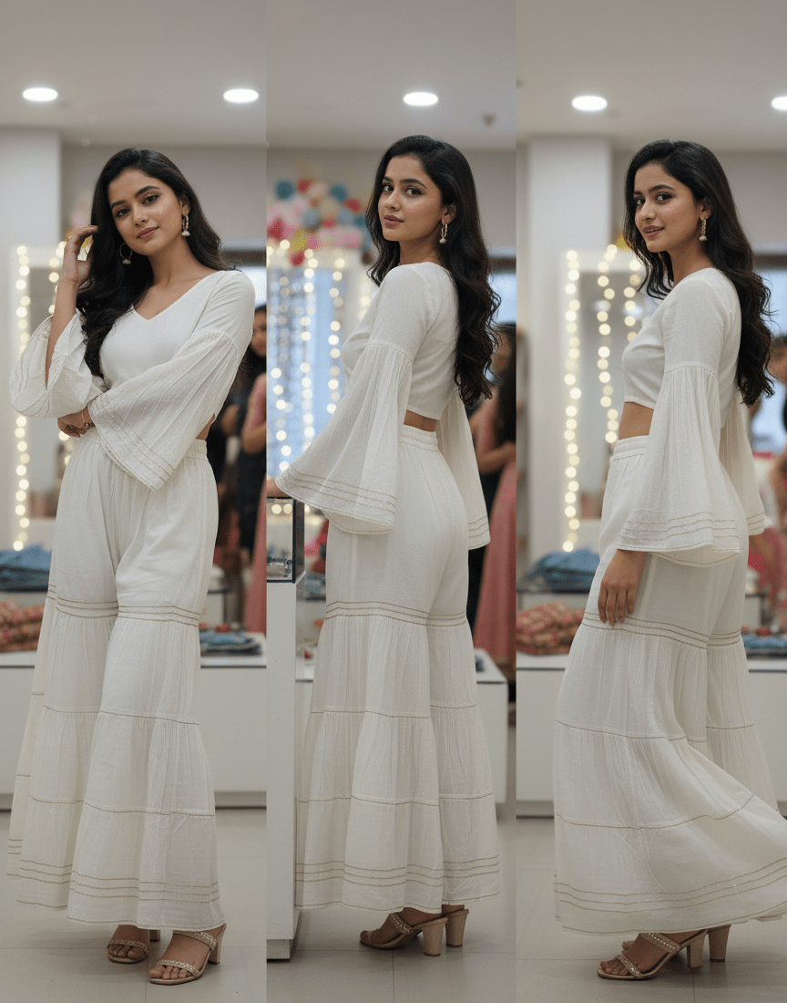 White Cotton Sharara Palazzo with Intricate Gold Zari Border - GREYS∞UL