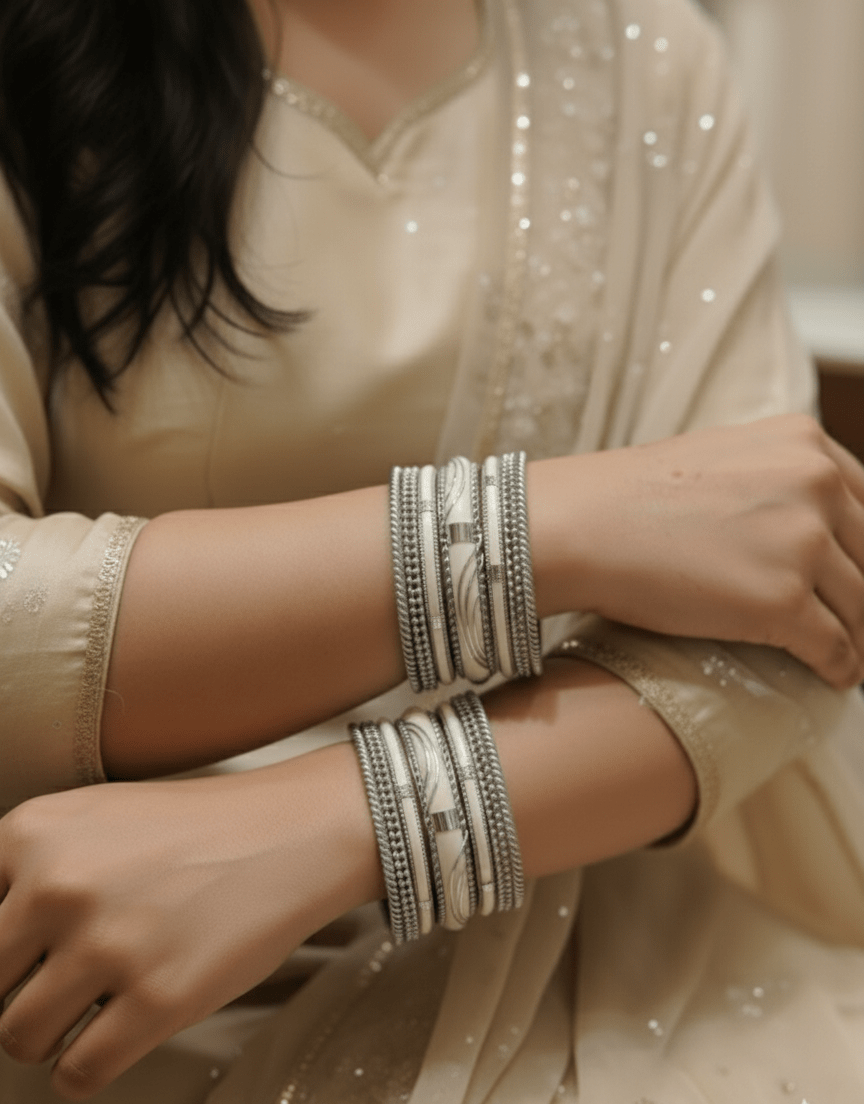 Ivory White & Silver Handcrafted Bangle - Both hands set - GREYS∞UL