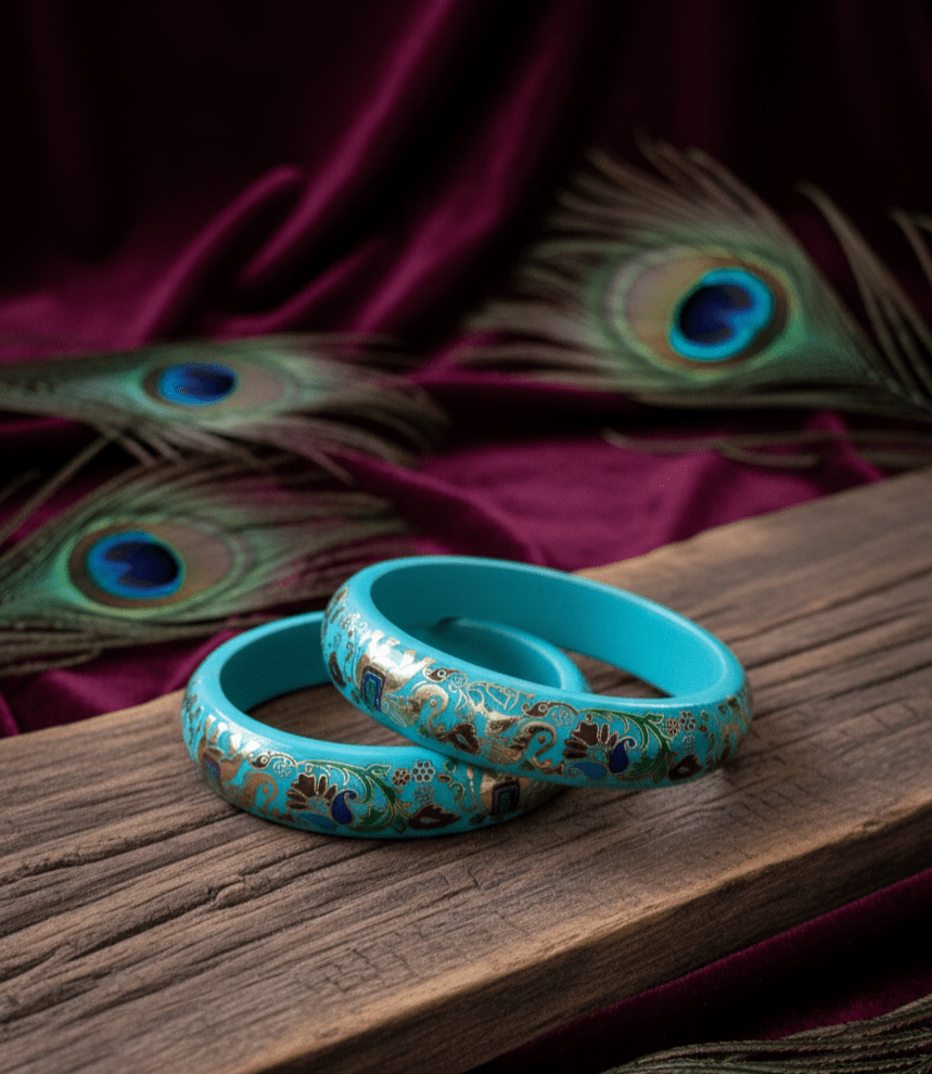 Teal Jaipuri Lakh Bangle Set with Gold Finish Artwork - GREYS∞UL