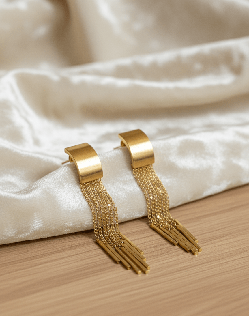 Chic Gold Chain Fringe Statement Earrings - Modern Bar Drop Design - GREYS∞UL
