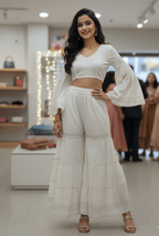 White Cotton Sharara Palazzo with Intricate Gold Zari Border - GREYS∞UL