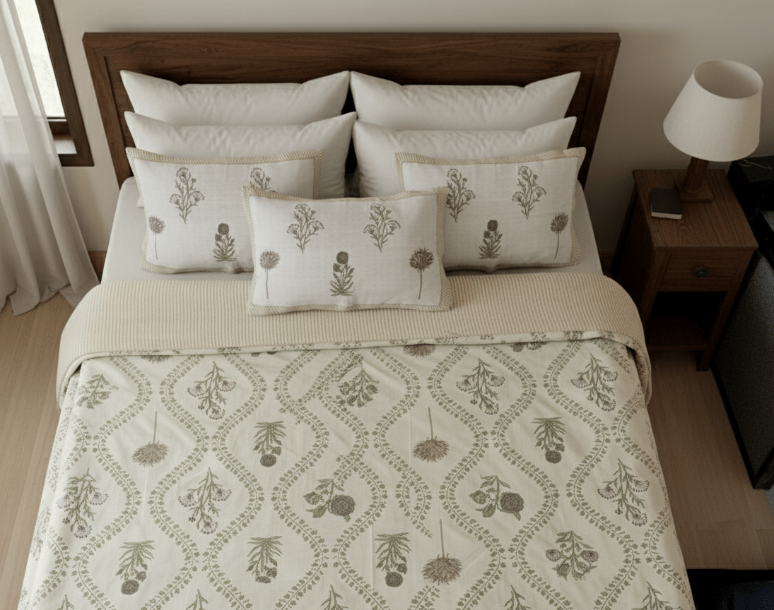 Green Floral Meadow Block Print Bedsheet Set - GREYS∞UL