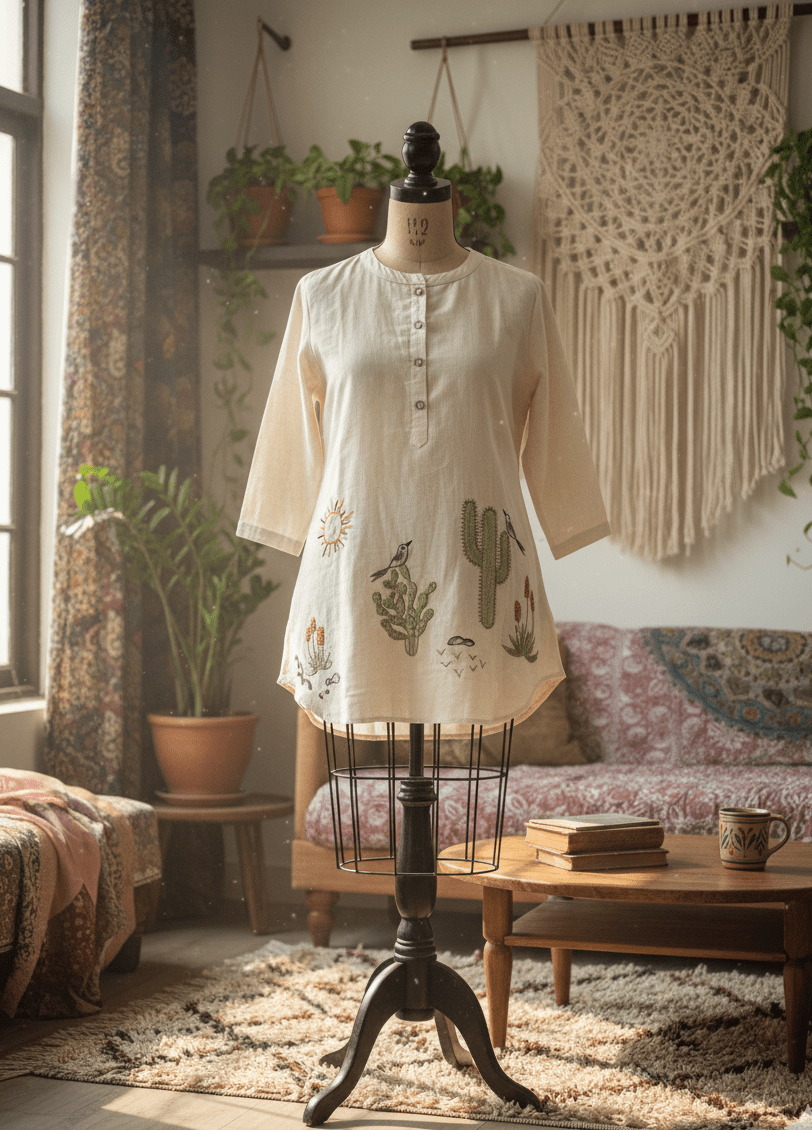 Organic Khadi Desert Bloom Embroidered Kurta - GREYS∞UL