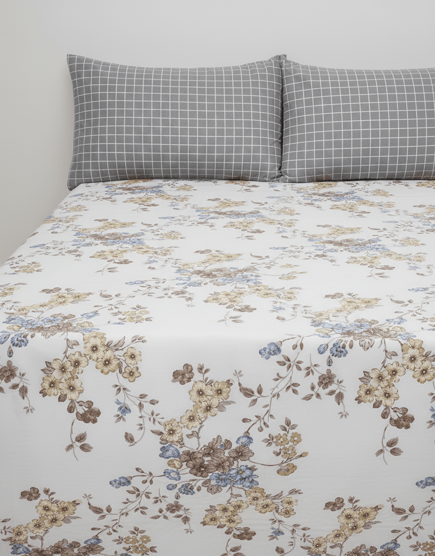 Floral King Bedsheet Set with Grid Pillow covers - GREYS∞UL