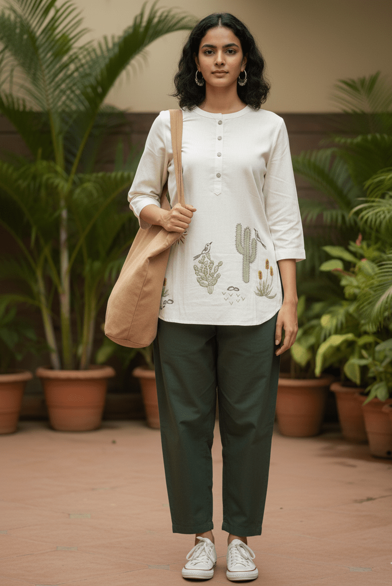 Organic Khadi Desert Bloom Embroidered Kurta - GREYS∞UL