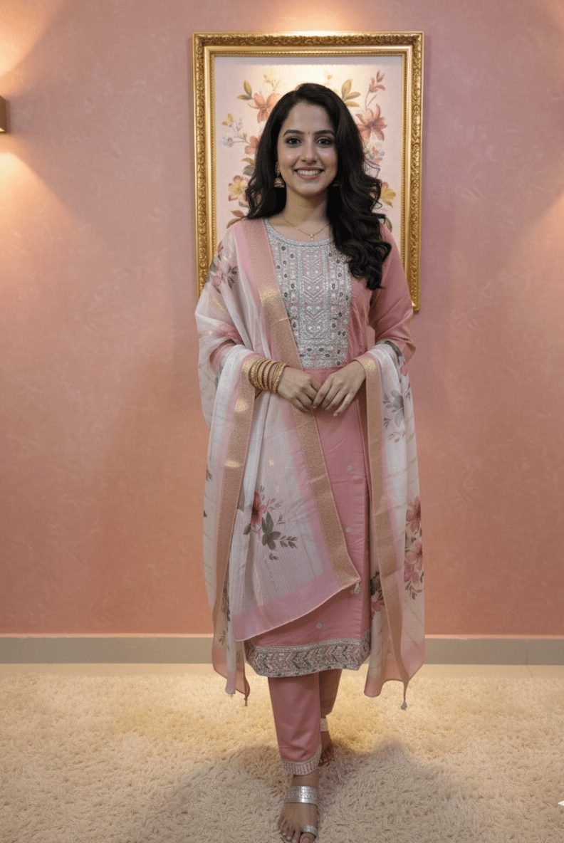 Blush Pink Embroidered Kurta Set with Floral Chiffon Dupatta - GREYS∞UL