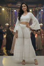 White Cotton Sharara Palazzo with Intricate Gold Zari Border - GREYS∞UL