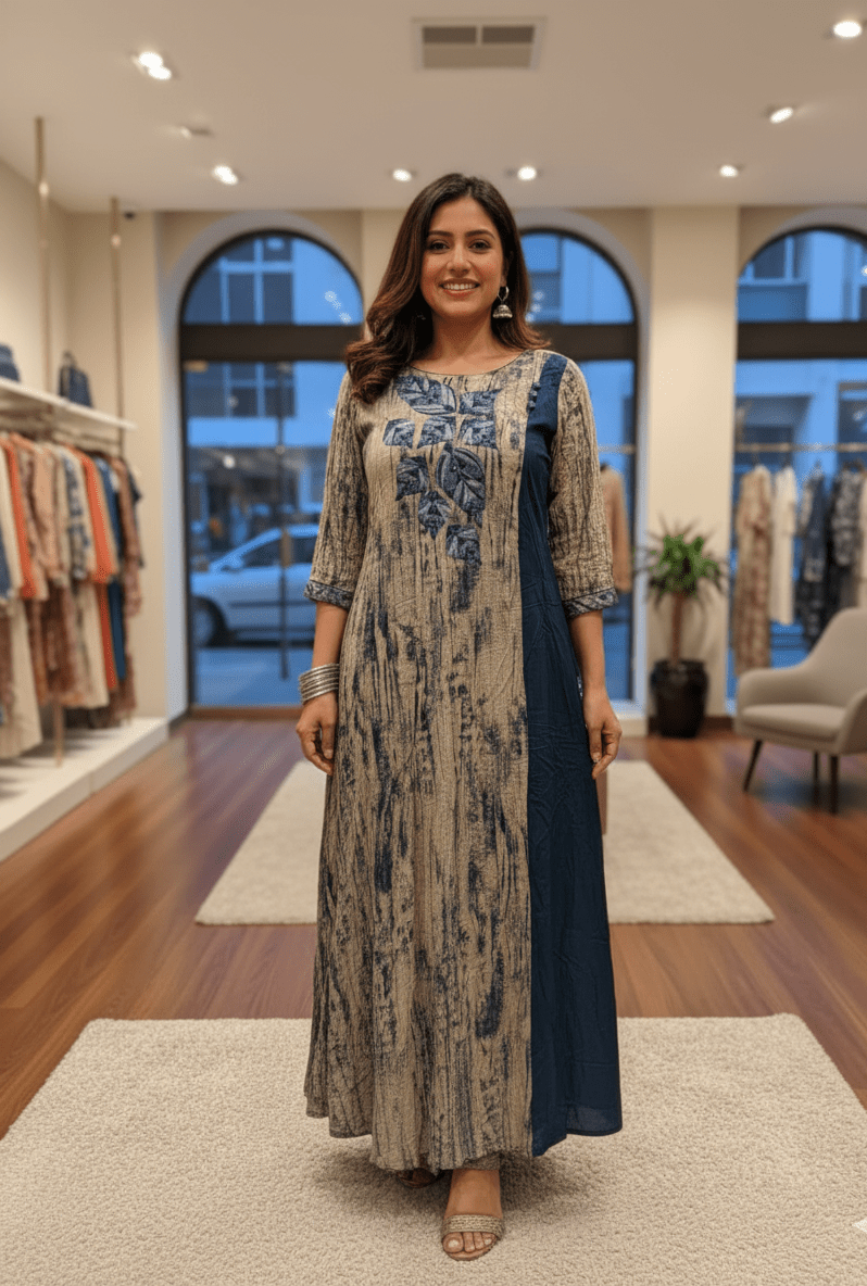 Indigo & Beige Hand - Printed Maxi Dress - GREYS∞UL