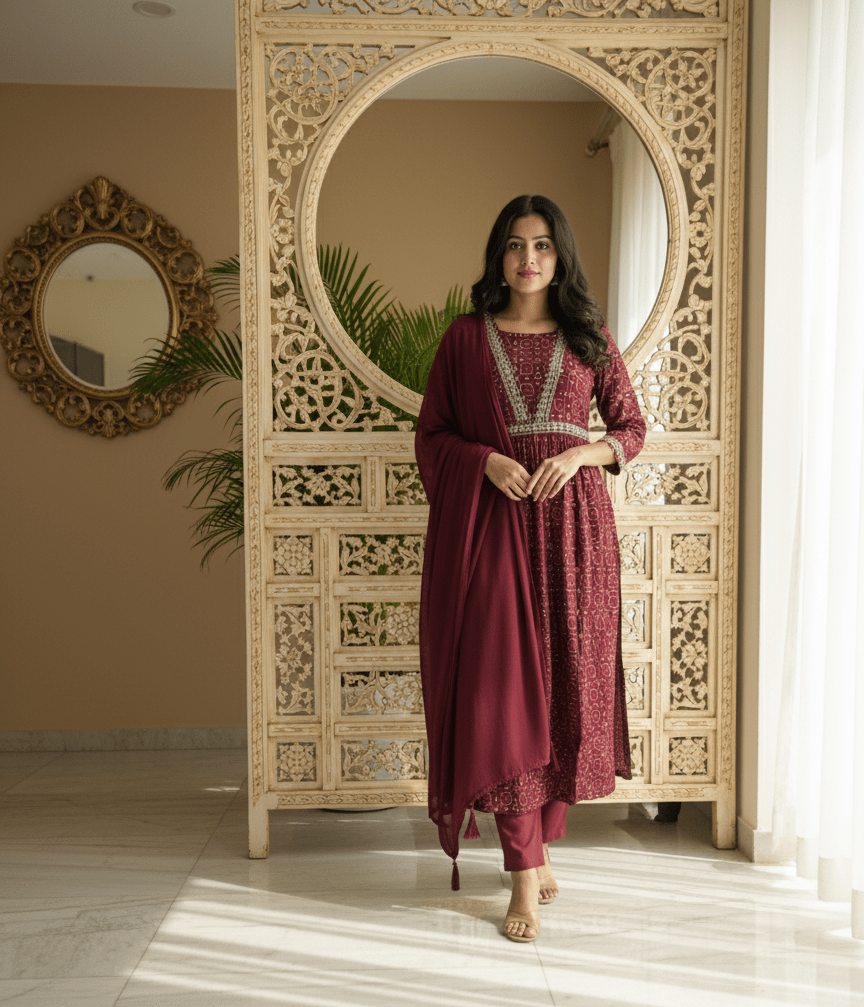 Maroon Gold Print Kurta with Embellished Neckline - GREYS∞UL