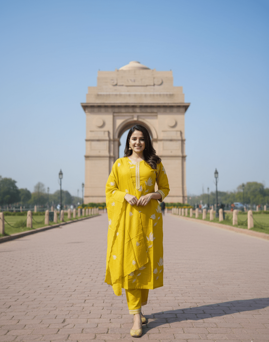 Chic Yellow Floral Embroidered Kurta Set - GREYS∞UL