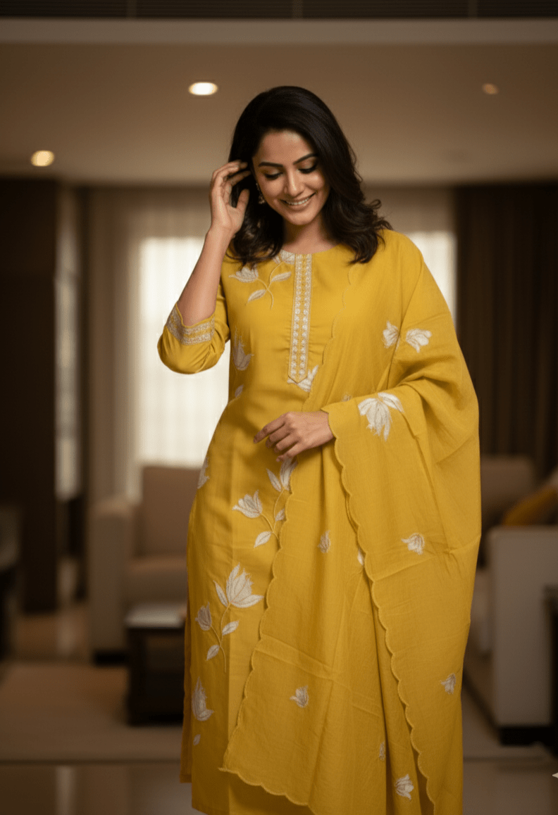 Chic Yellow Floral Embroidered Kurta Set - GREYS∞UL