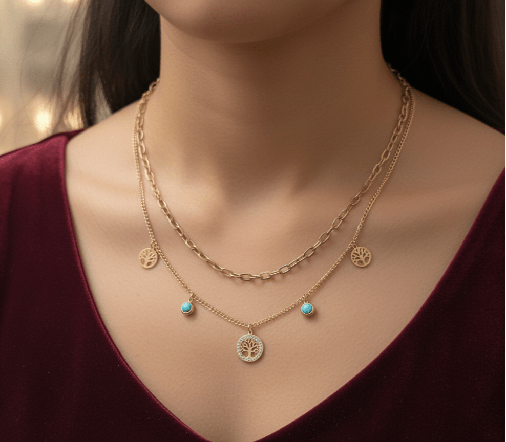 Tree of Life Layered Necklace with Turquoise Accents - GREYS∞UL