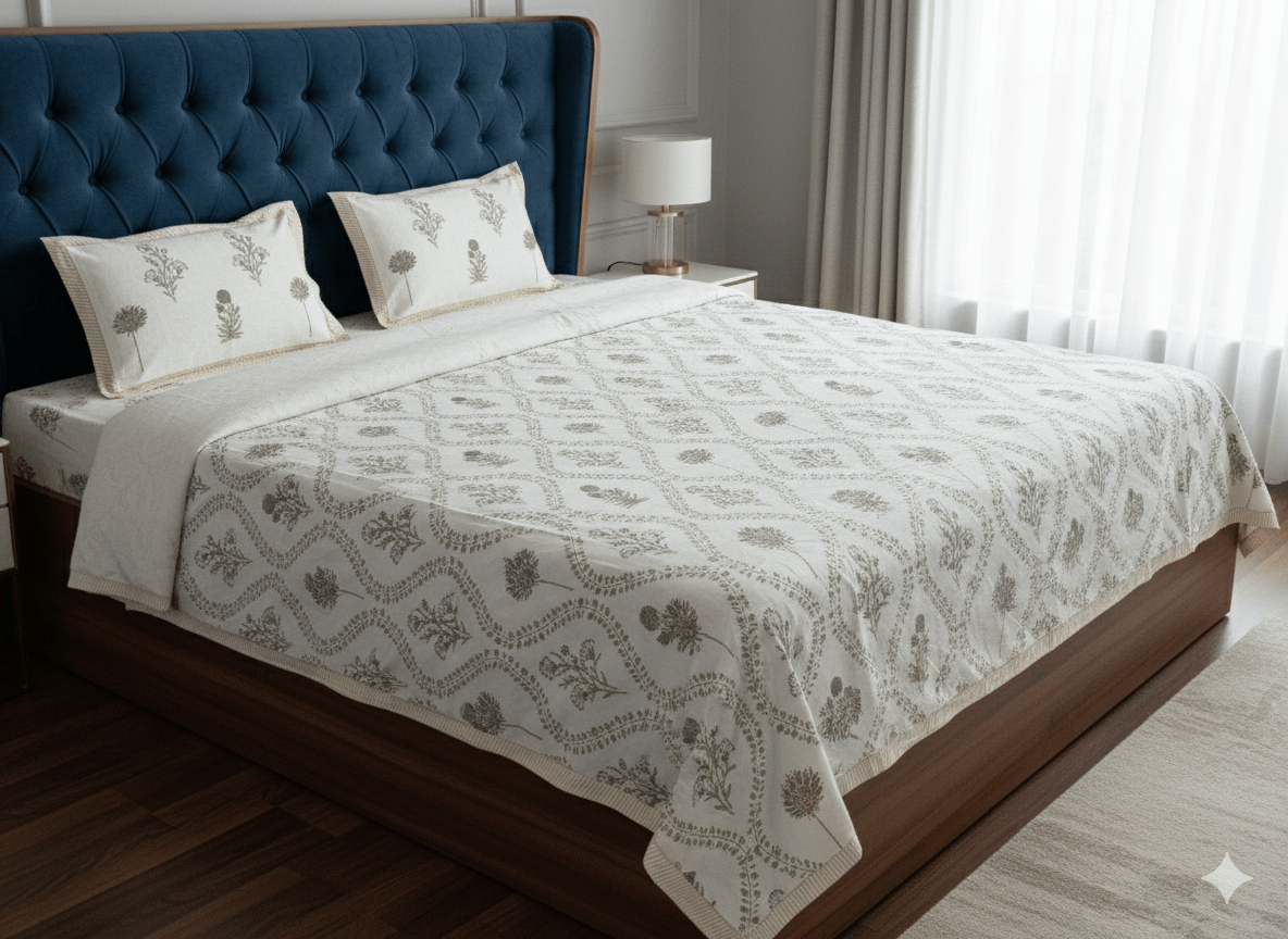 Green Floral Meadow Block Print Bedsheet Set - GREYS∞UL