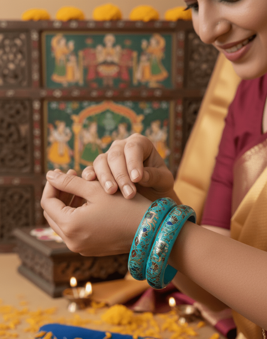 Teal Jaipuri Lakh Bangle Set with Gold Finish Artwork - GREYS∞UL