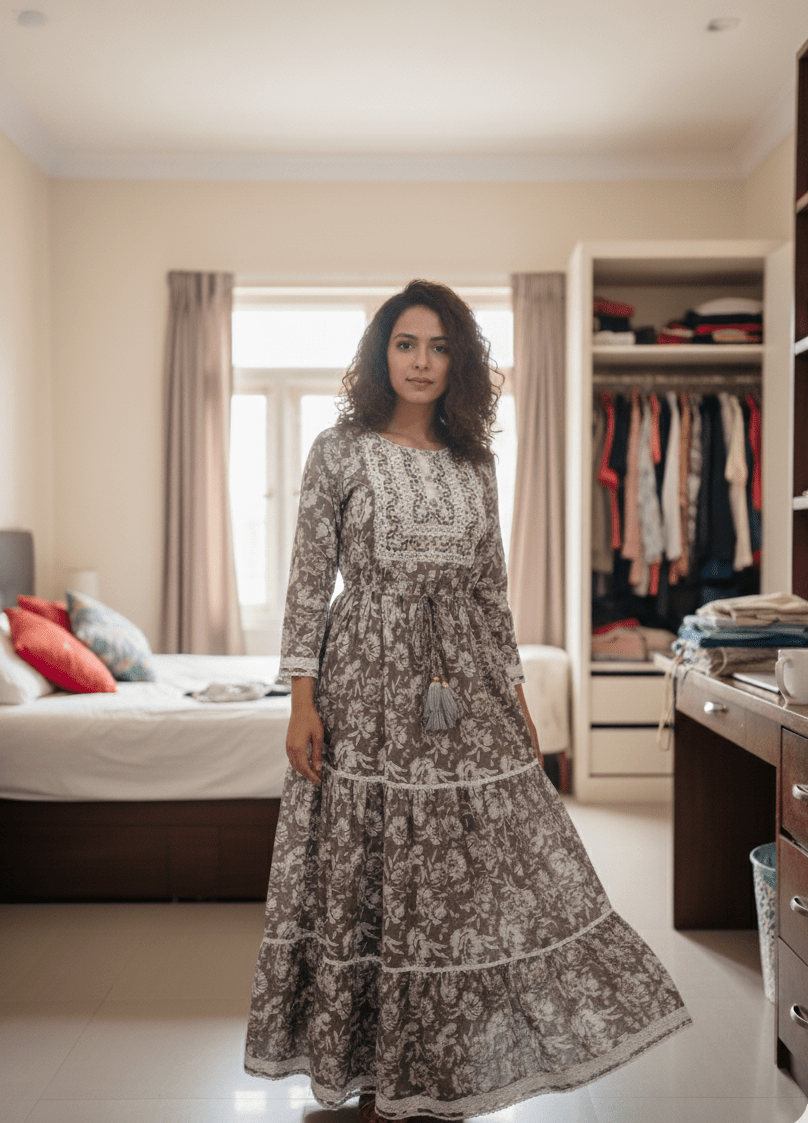 Floral Anarkali Single piece Cotton Dress with Tassel - GREYS∞UL