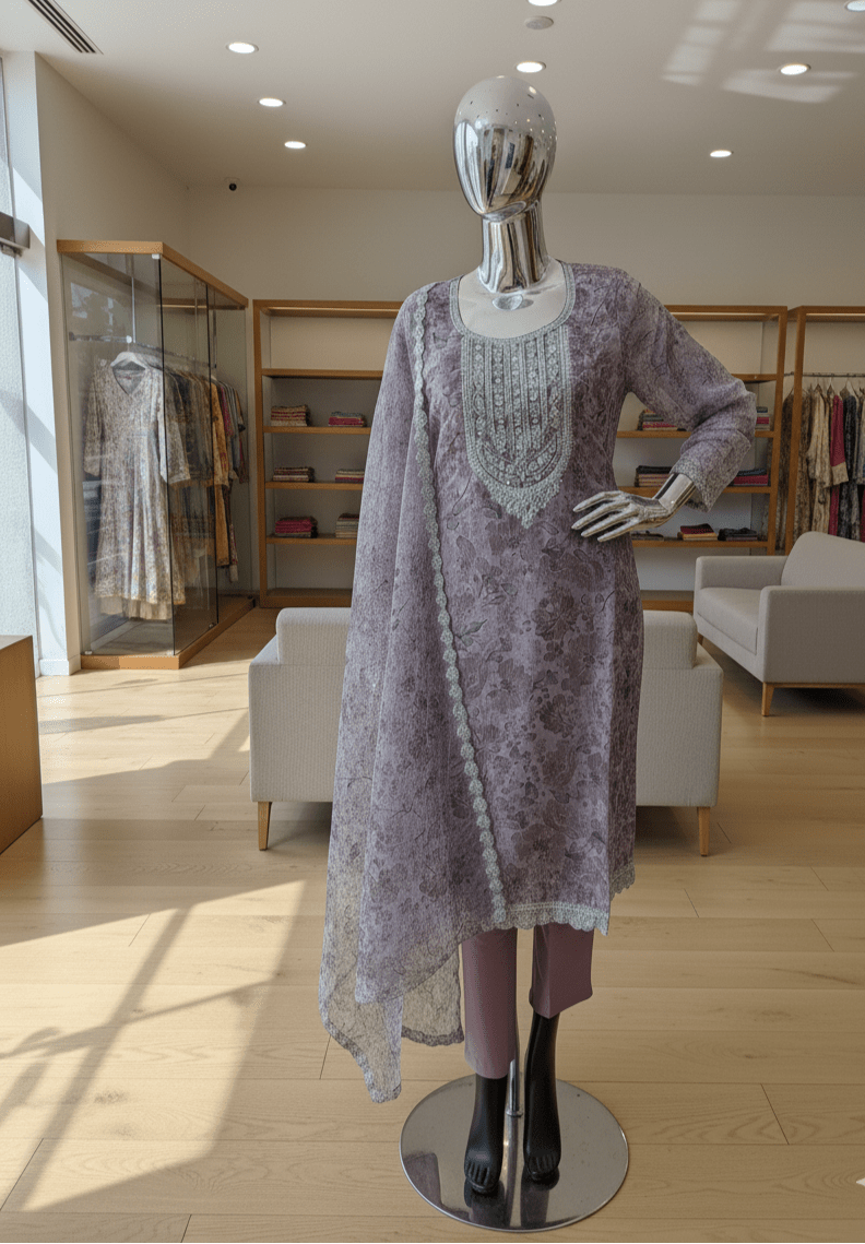 Floral Suit Set in Premium Silver Embroidery - GREYS∞UL