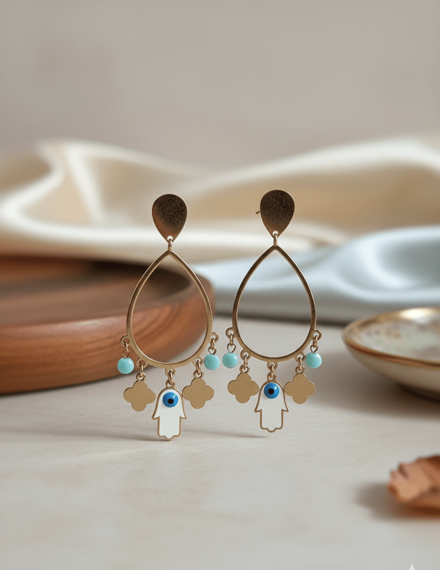 Whimsical Hamsa Hand & Turquoise Drop Earrings - GREYS∞UL
