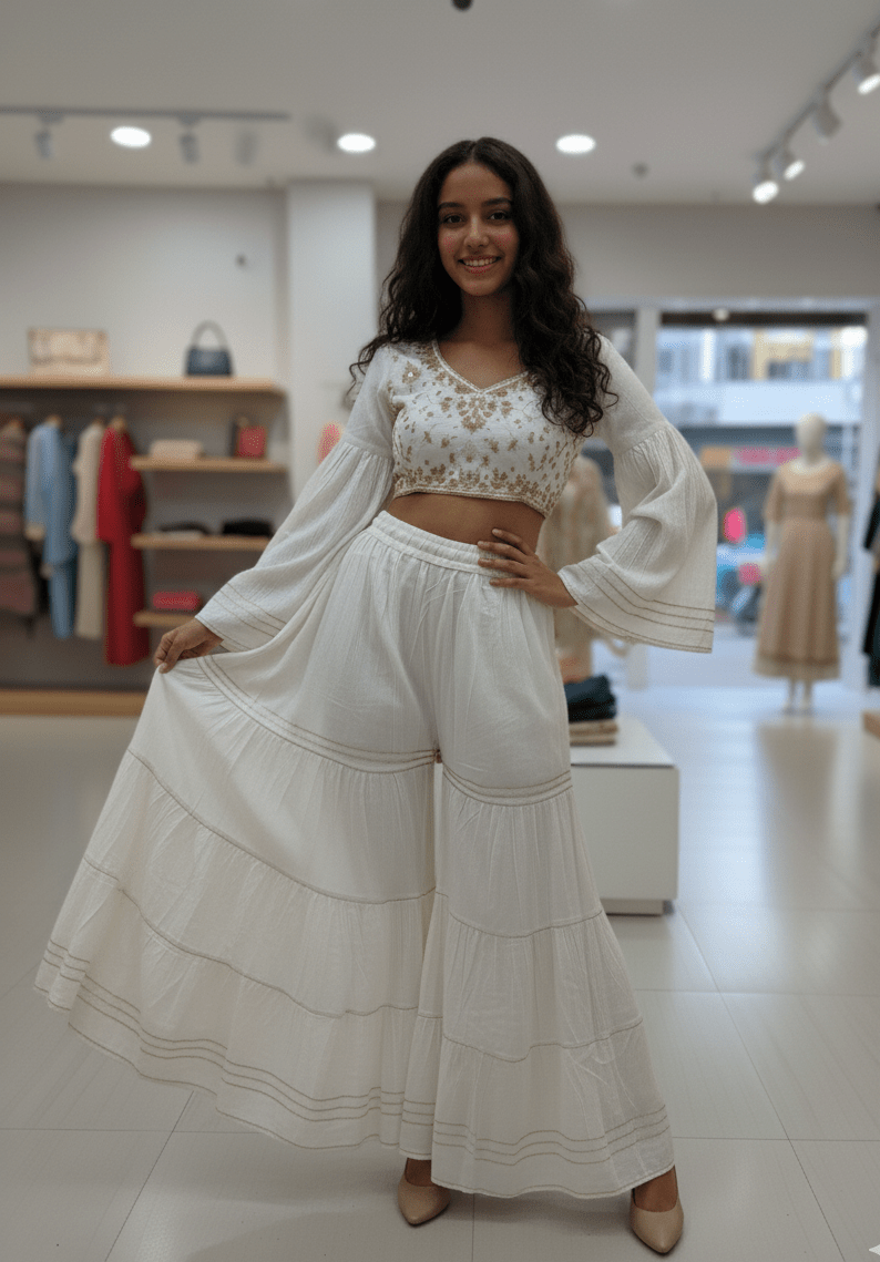 White Cotton Sharara Palazzo with Intricate Gold Zari Border - GREYS∞UL