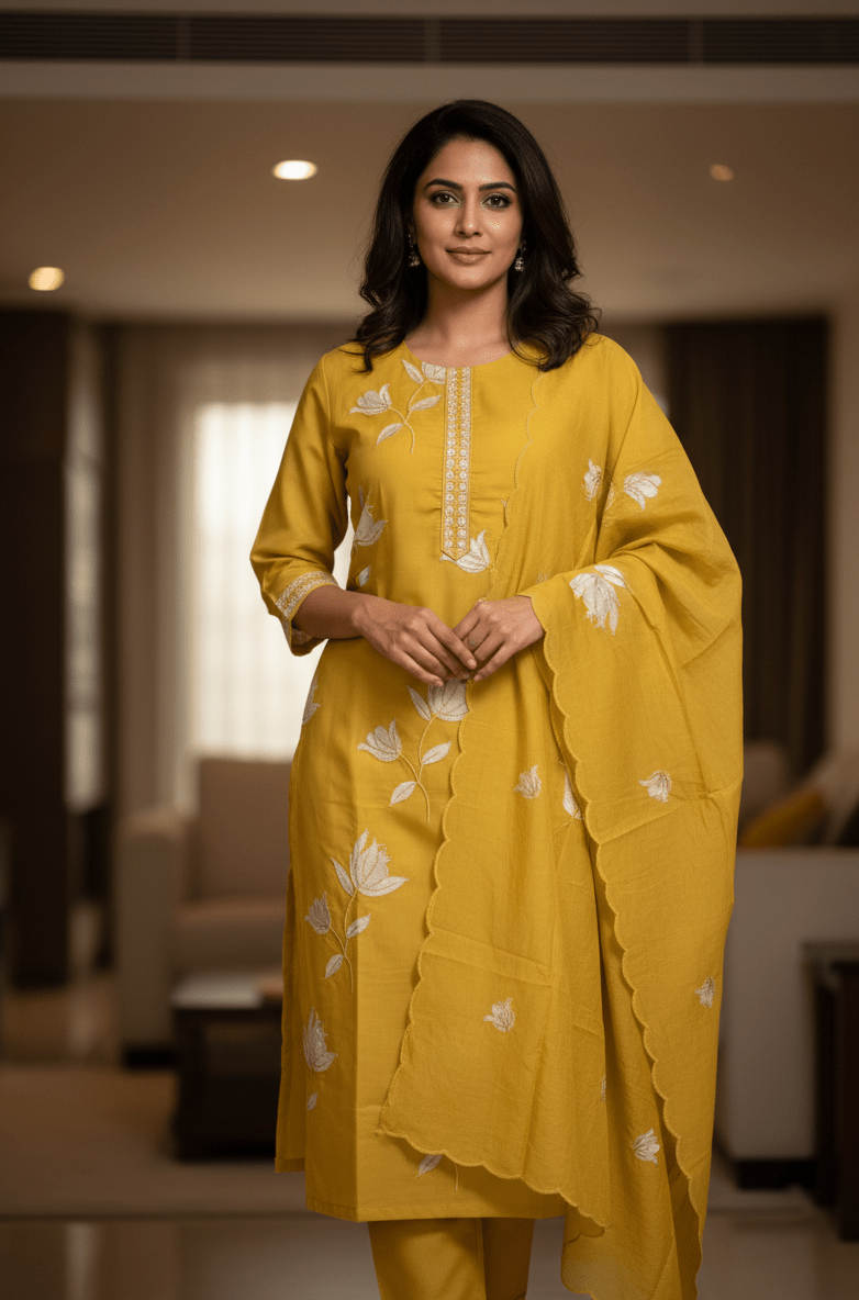 Chic Yellow Floral Embroidered Kurta Set - GREYS∞UL