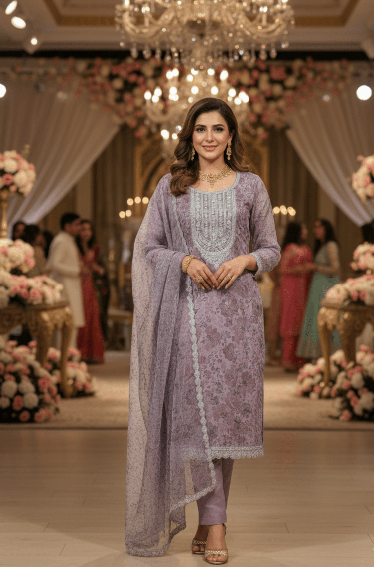 Floral Suit Set in Premium Silver Embroidery - GREYS∞UL