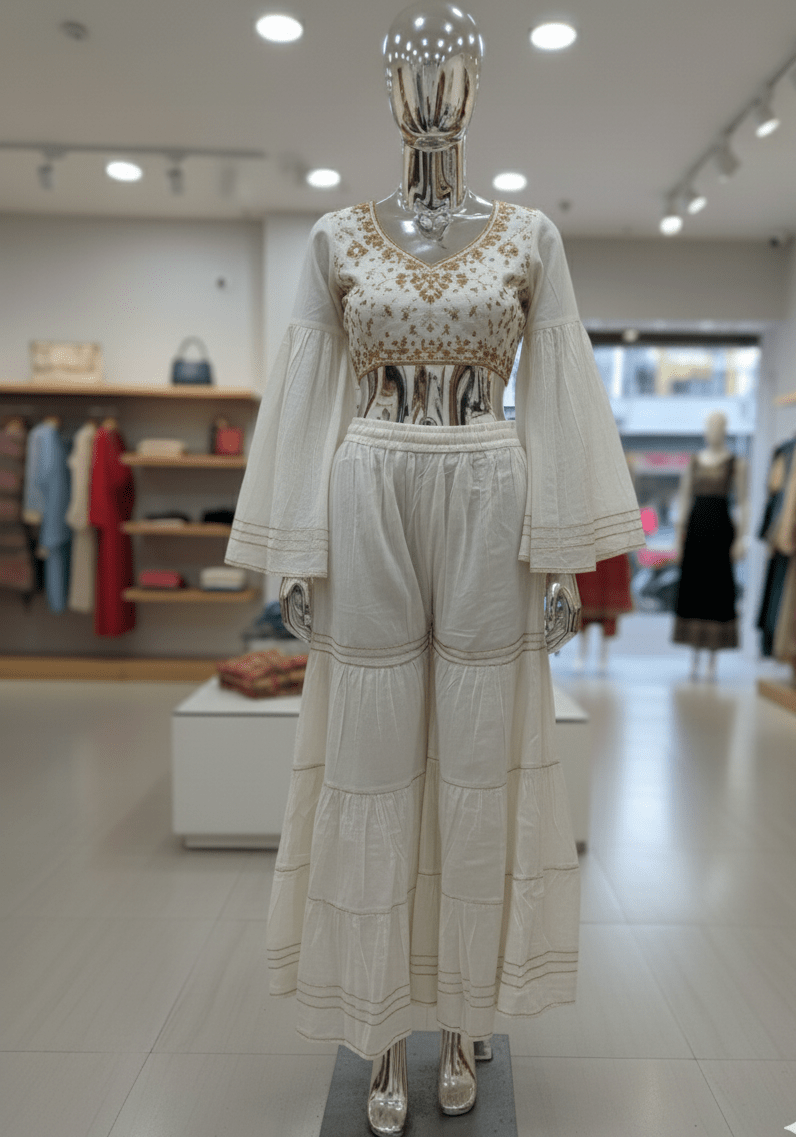 White Cotton Sharara Palazzo with Intricate Gold Zari Border - GREYS∞UL