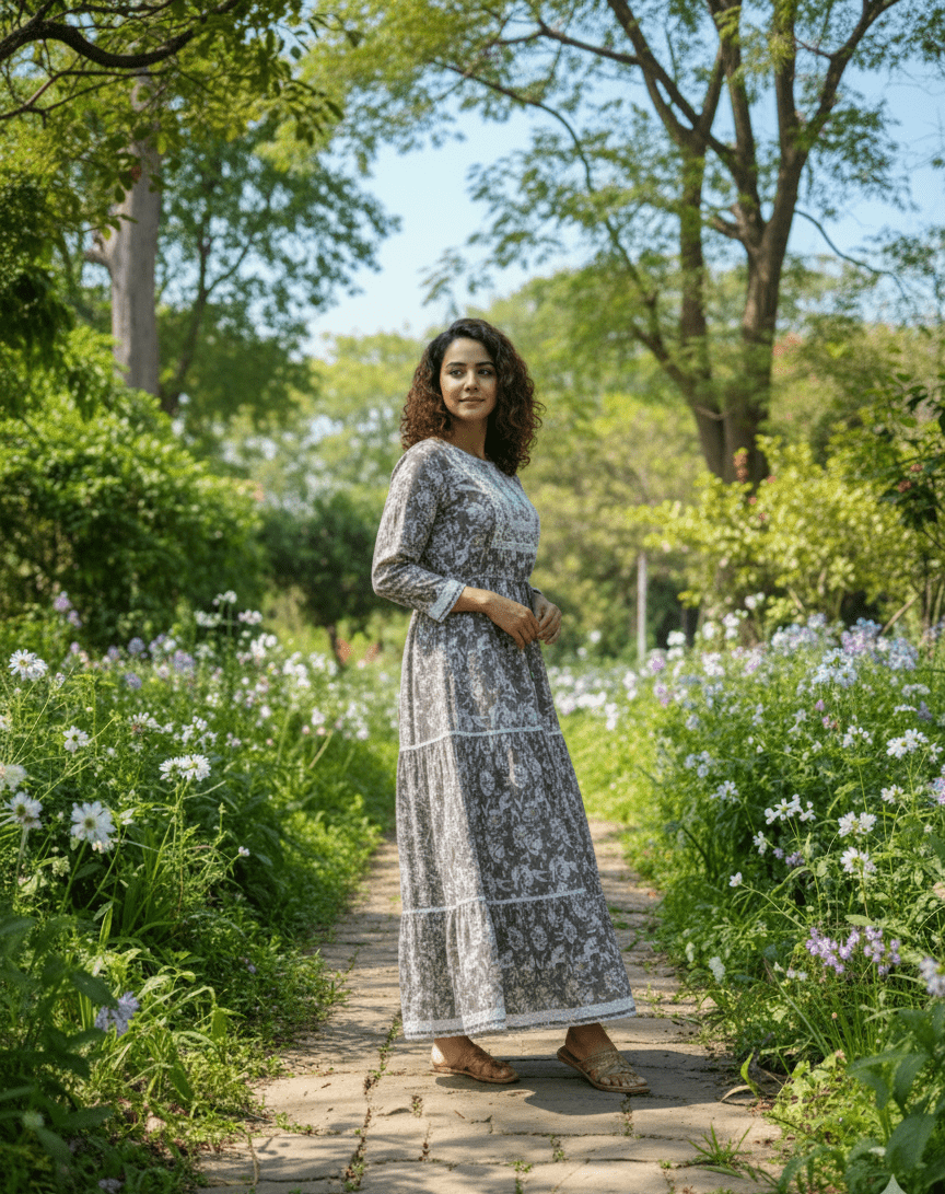 Floral Anarkali Single piece Cotton Dress with Tassel - GREYS∞UL