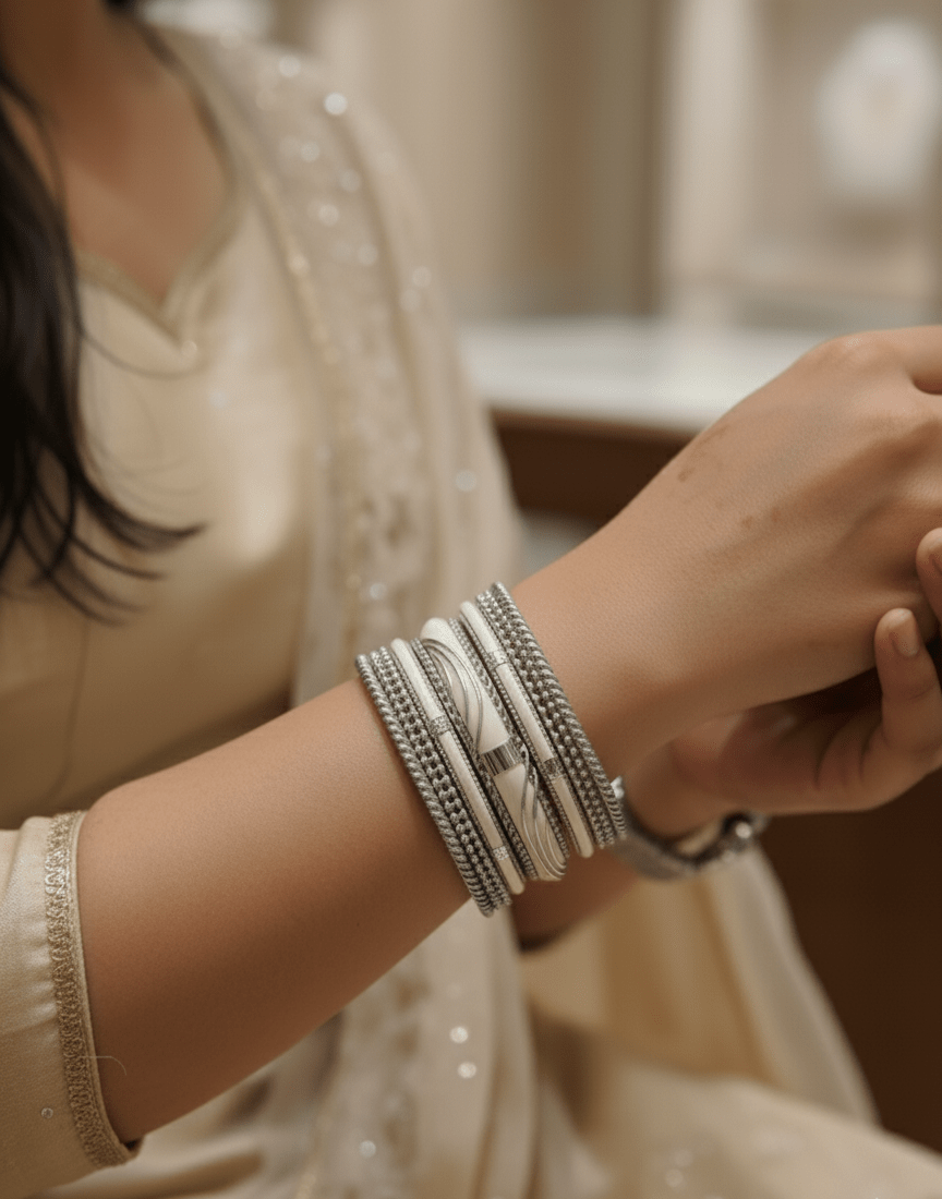 Ivory White & Silver Handcrafted Bangle - Both hands set - GREYS∞UL