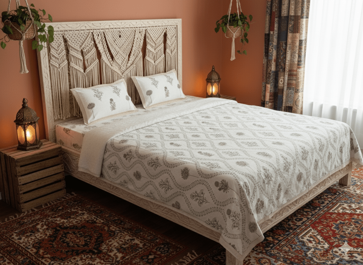 Green Floral Meadow Block Print Bedsheet Set - GREYS∞UL