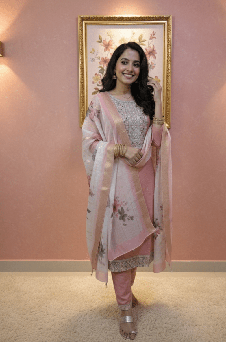 Blush Pink Embroidered Kurta Set with Floral Chiffon Dupatta - GREYS∞UL