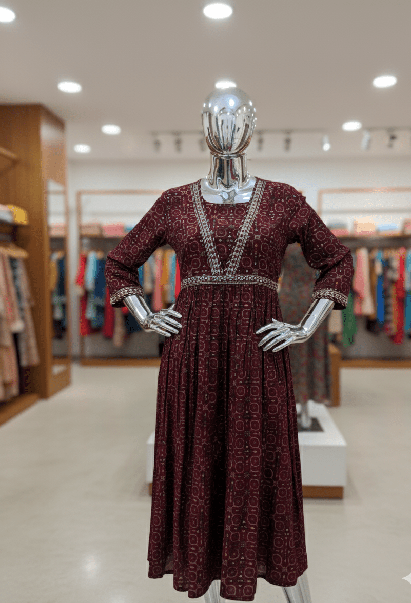 Maroon Gold Print Kurta with Embellished Neckline - GREYS∞UL