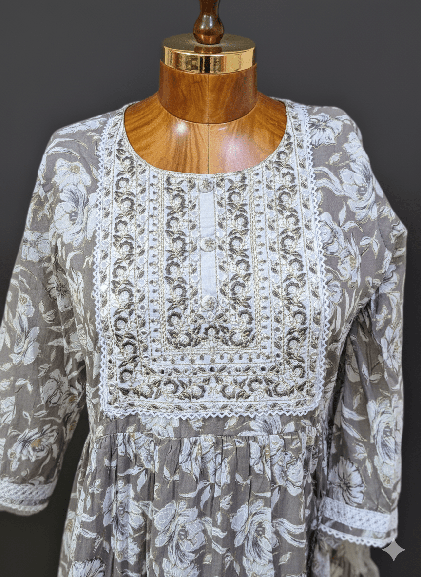 Floral Anarkali Single piece Cotton Dress with Tassel - GREYS∞UL