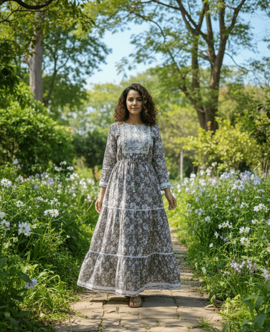 Floral Anarkali Single piece Cotton Dress with Tassel - GREYS∞UL