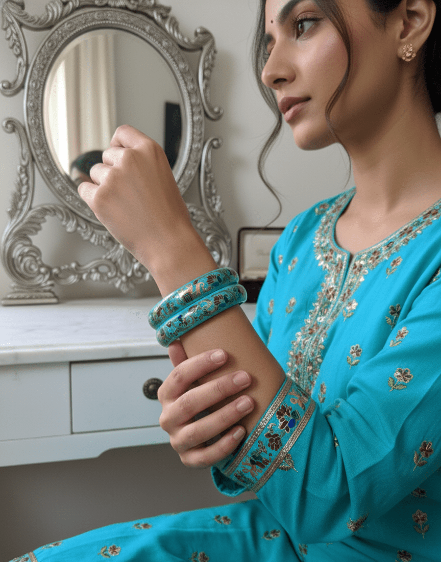 Teal Jaipuri Lakh Bangle Set with Gold Finish Artwork - GREYS∞UL