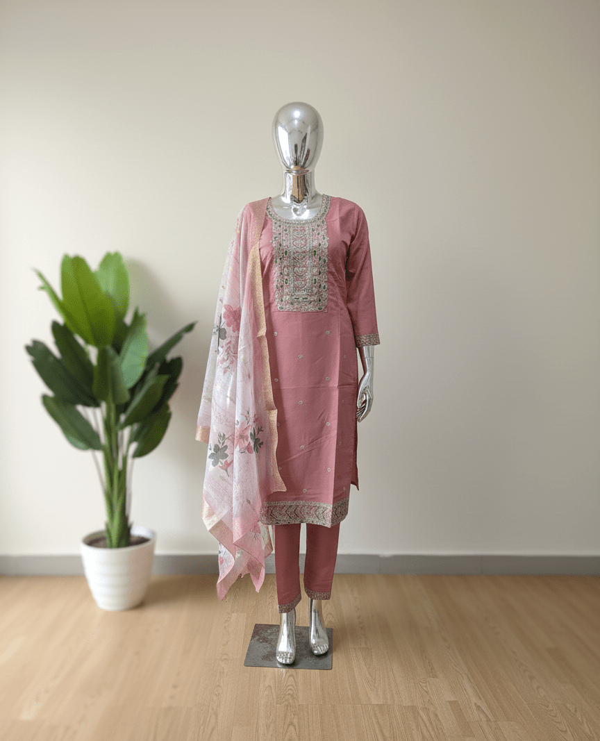 Blush Pink Embroidered Kurta Set with Floral Chiffon Dupatta - GREYS∞UL