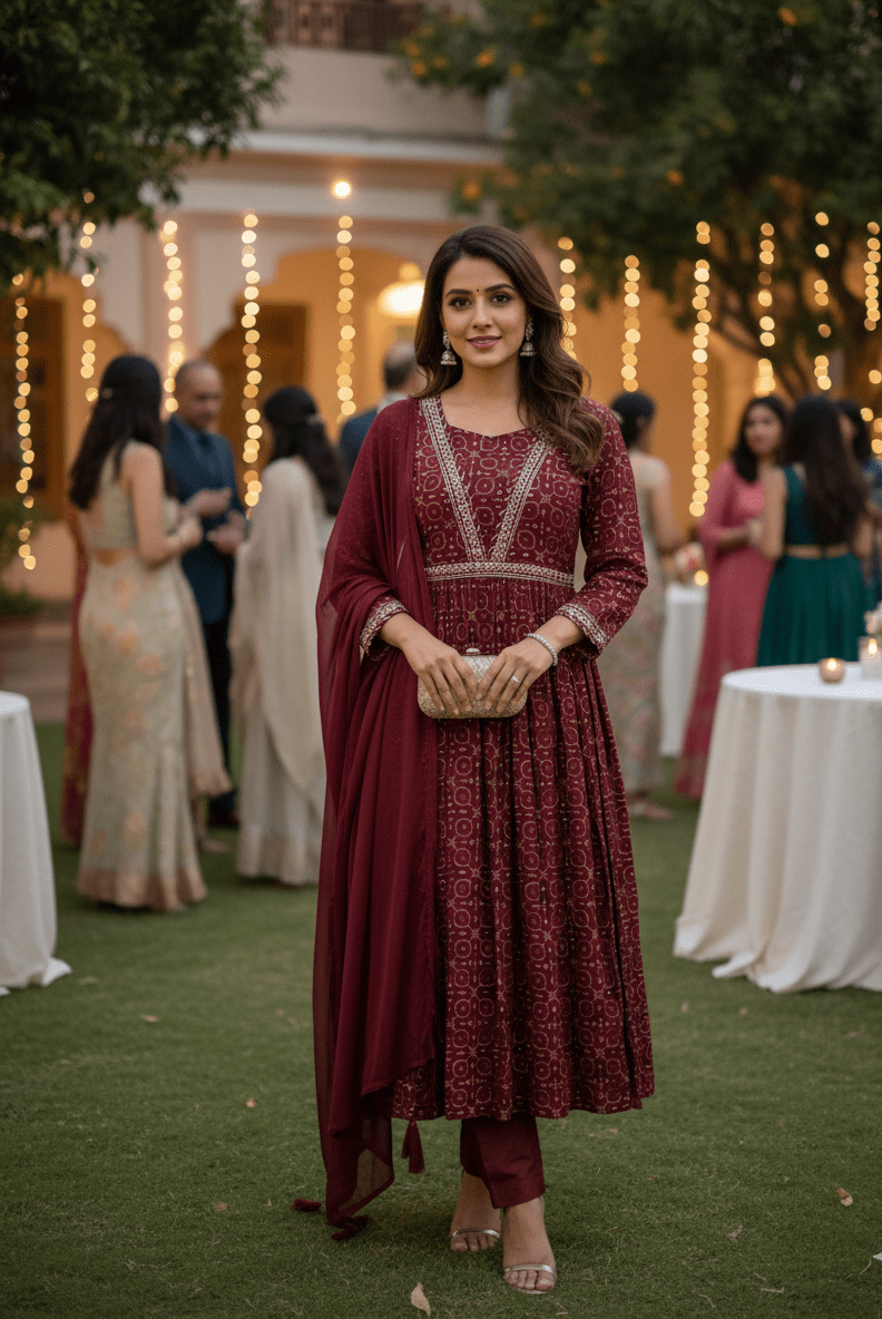 Maroon Gold Print Kurta with Embellished Neckline - GREYS∞UL