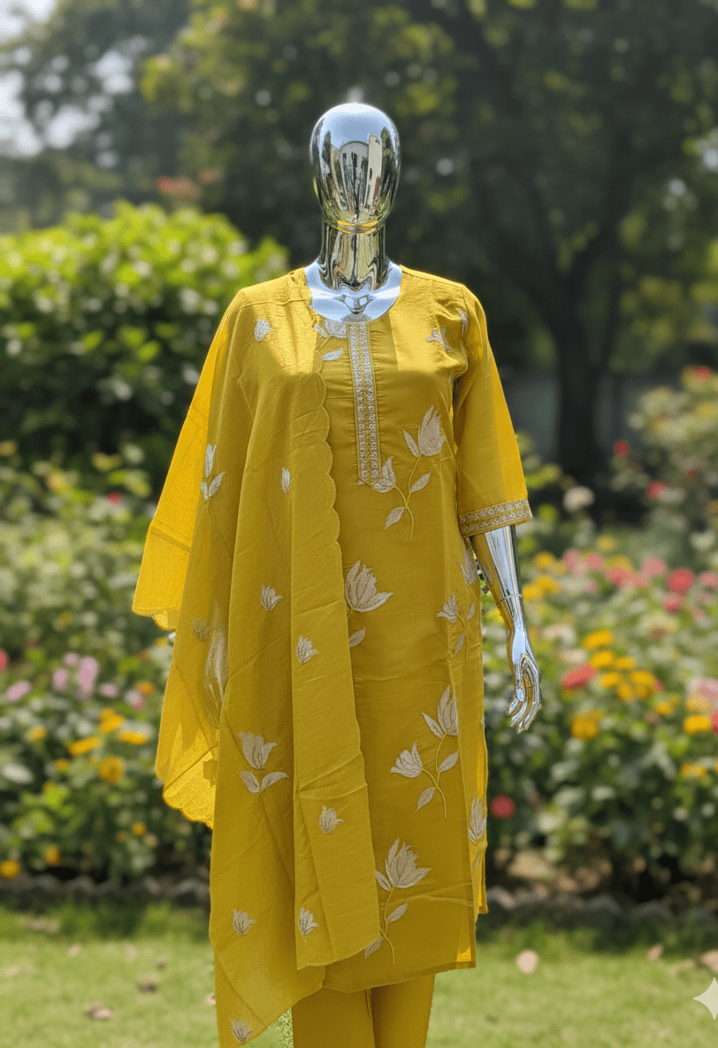 Chic Yellow Floral Embroidered Kurta Set - GREYS∞UL