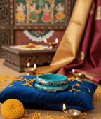 Teal Jaipuri Lakh Bangle Set with Gold Finish Artwork - GREYS∞UL