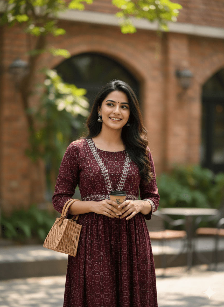 Maroon Gold Print Kurta with Embellished Neckline - GREYS∞UL