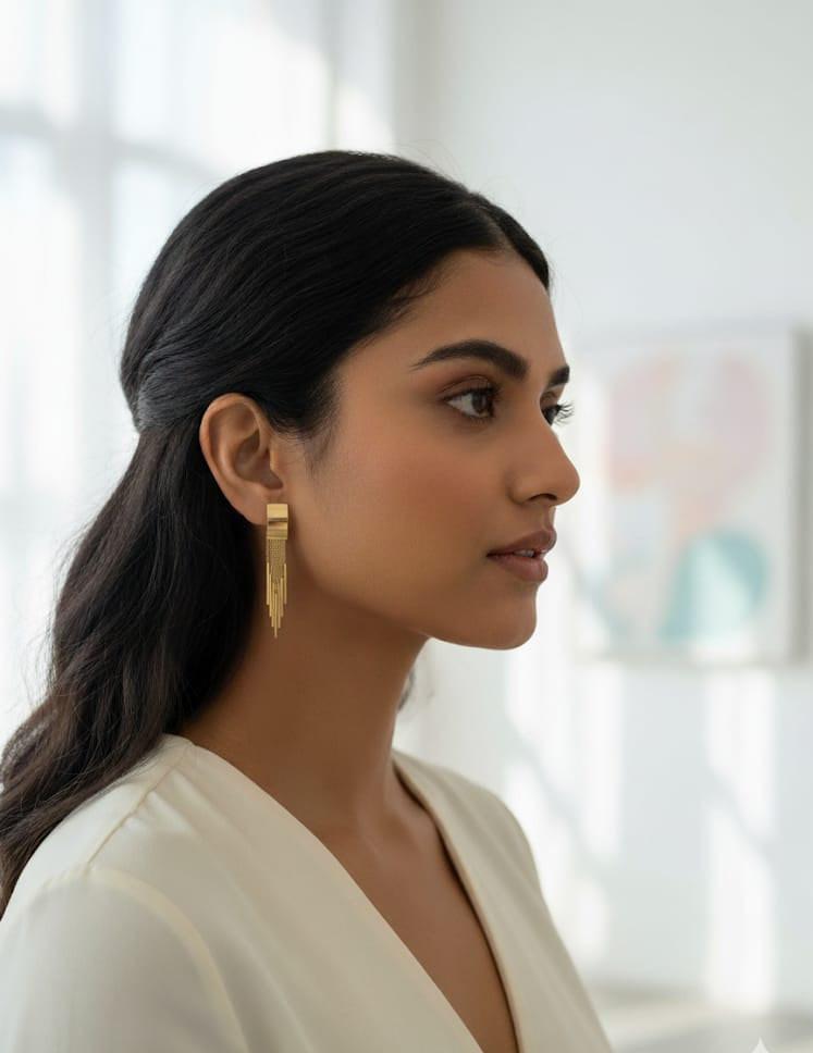 Chic Gold Chain Fringe Statement Earrings - Modern Bar Drop Design - GREYS∞UL