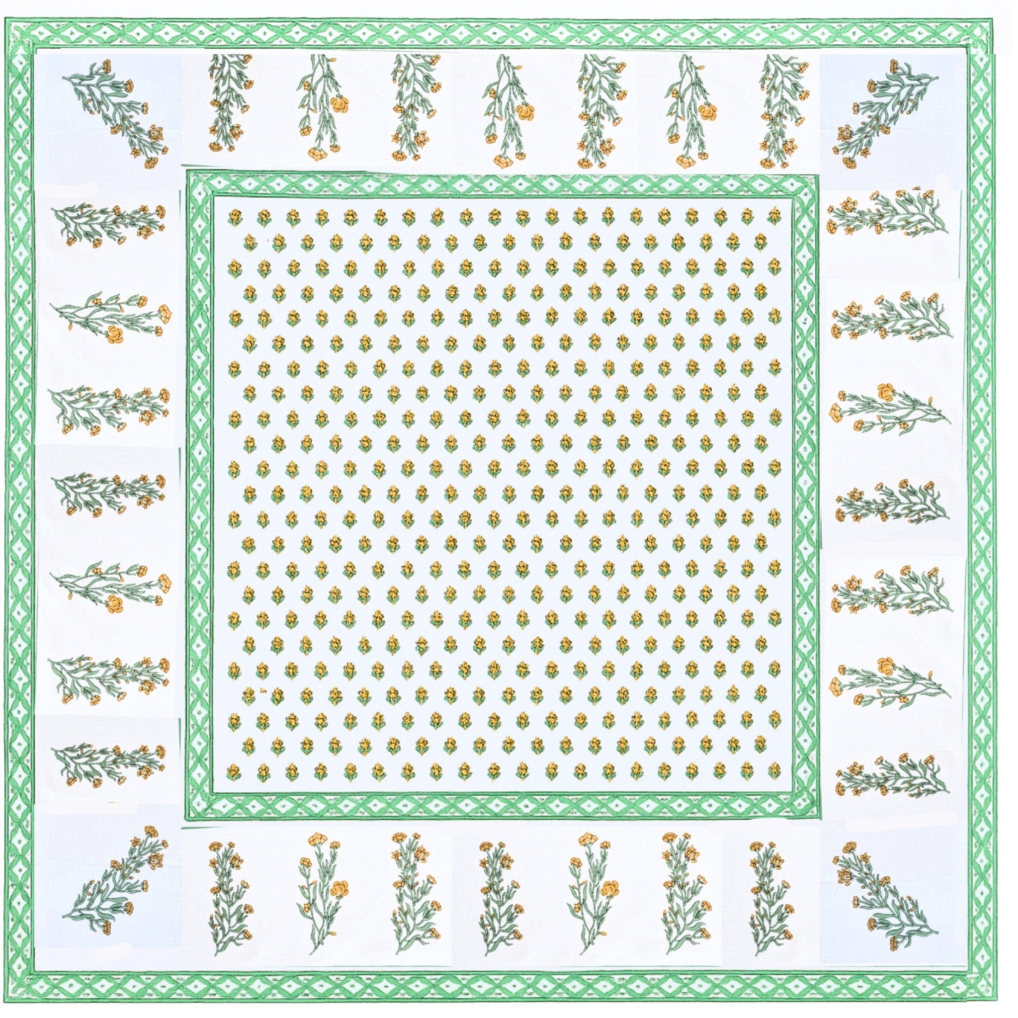 Green Floral Jaipuri Hand Block Print Cotton Bedsheet Set with pillow cover - GREYS∞UL