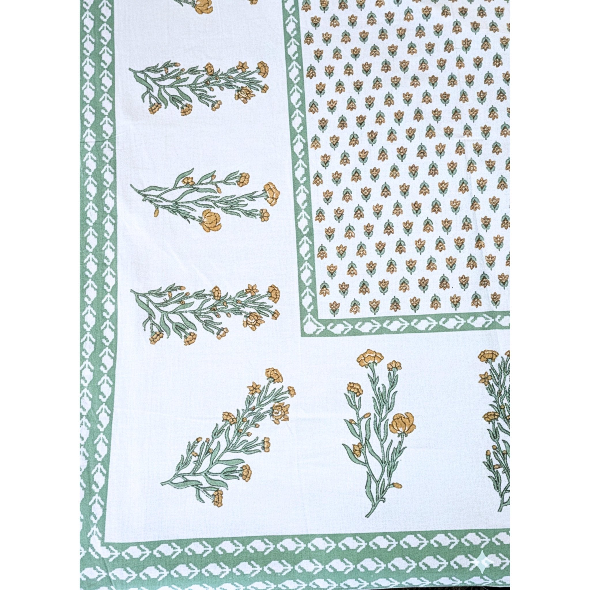 Green Floral Jaipuri Hand Block Print Cotton Bedsheet Set with pillow cover - GREYS∞UL