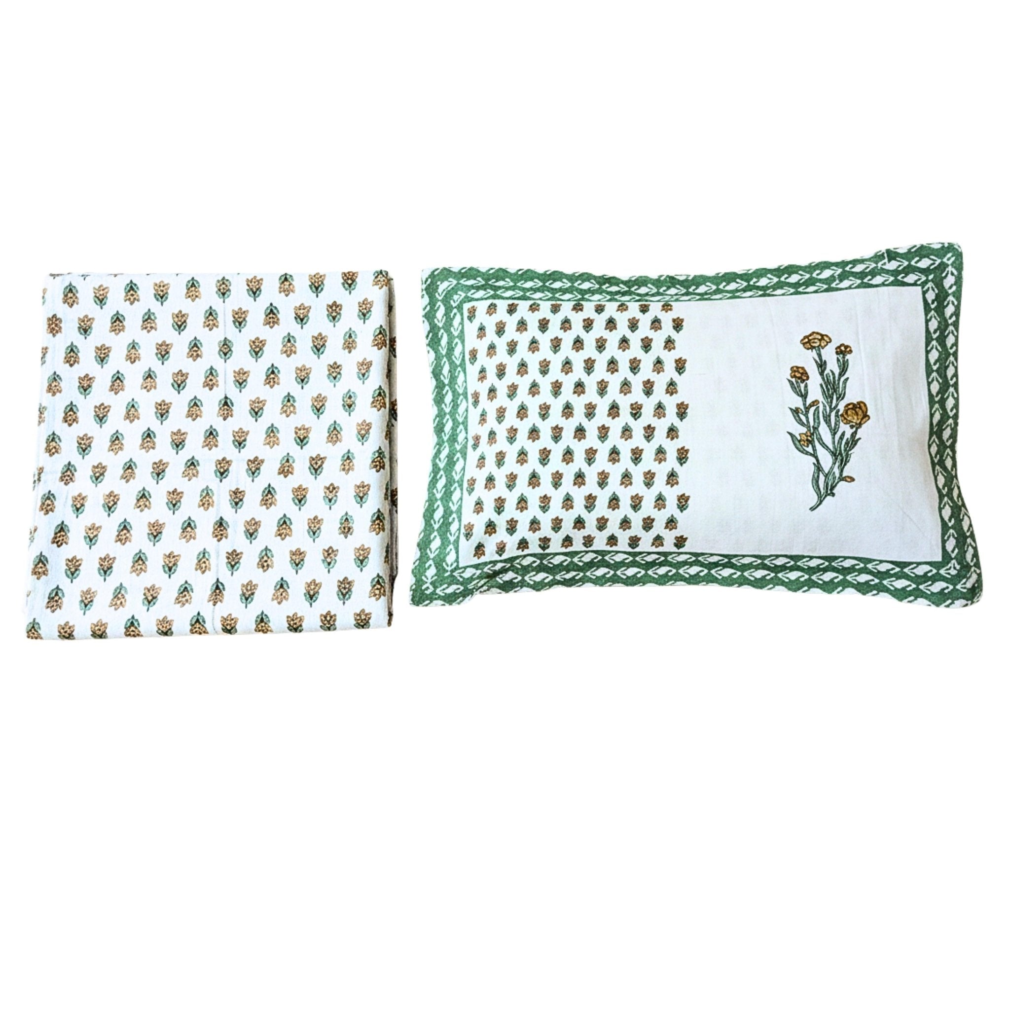 Green Floral Jaipuri Hand Block Print Cotton Bedsheet Set with pillow cover - GREYS∞UL