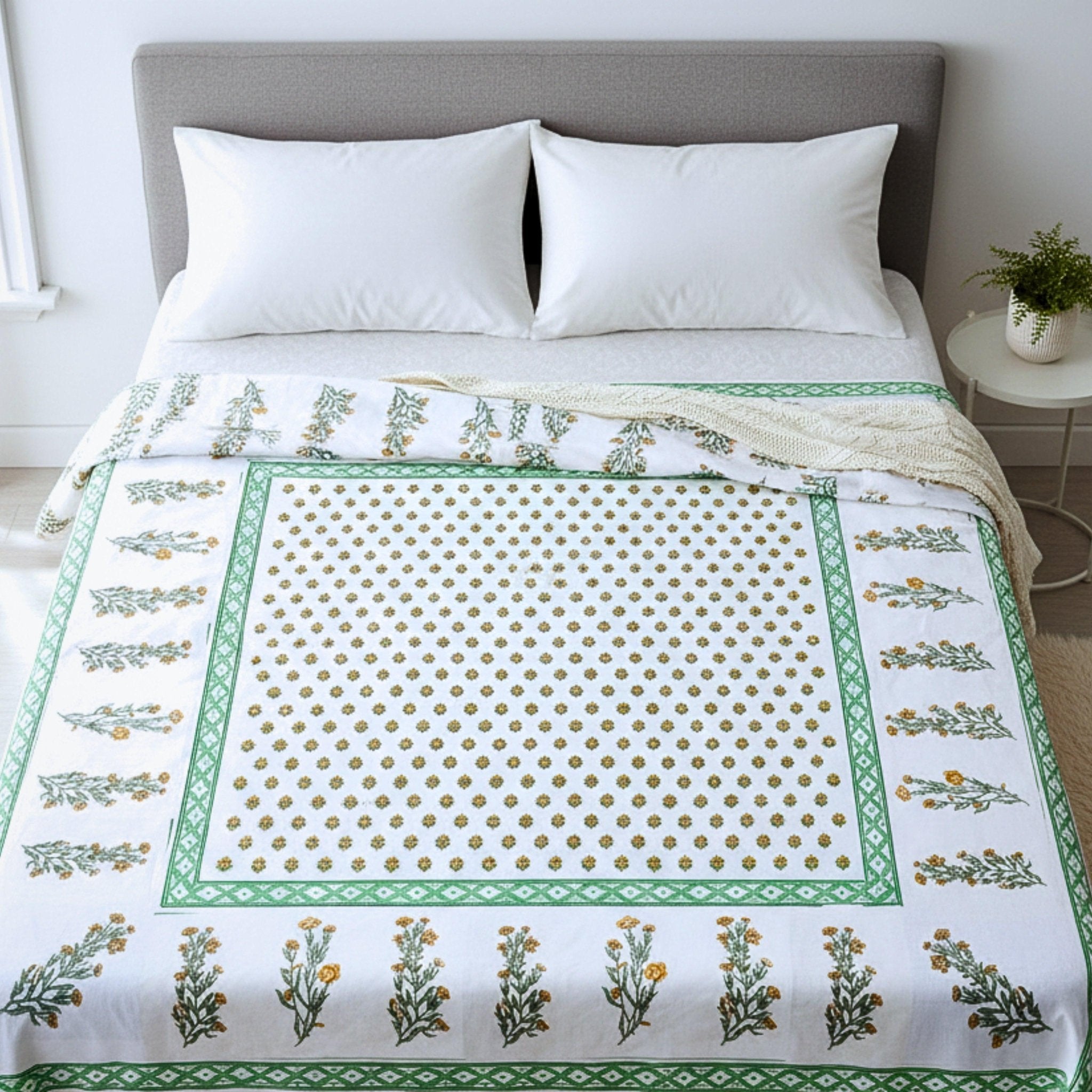 Green Floral Jaipuri Hand Block Print Cotton Bedsheet Set with pillow cover - GREYS∞UL